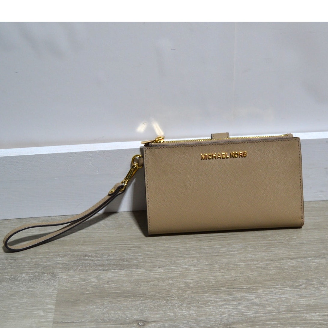 Michael Kors Jet Set Leather Double Zip Phone Case Wallet Wristlet Tan